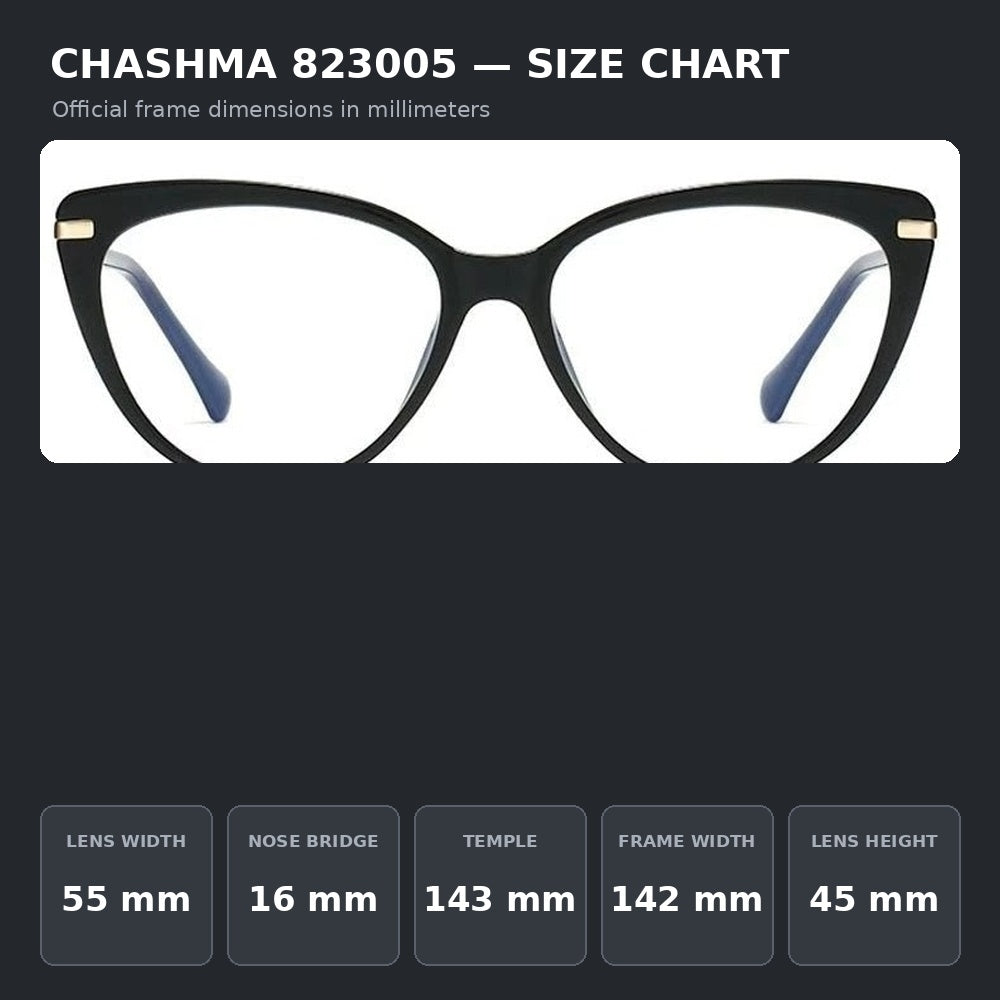 Chashma Ochki 823005 Eyeglasses — Frame Dimensions and Sizing Chart