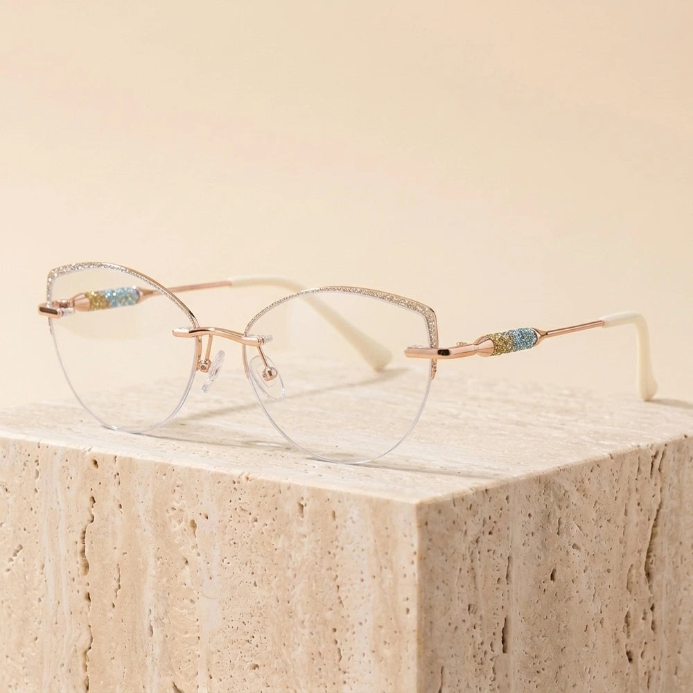 Chashma Ochki Women's Rimless Cat Eye Titanium Glitter Edge Eyeglasses H1 - Gold Clear