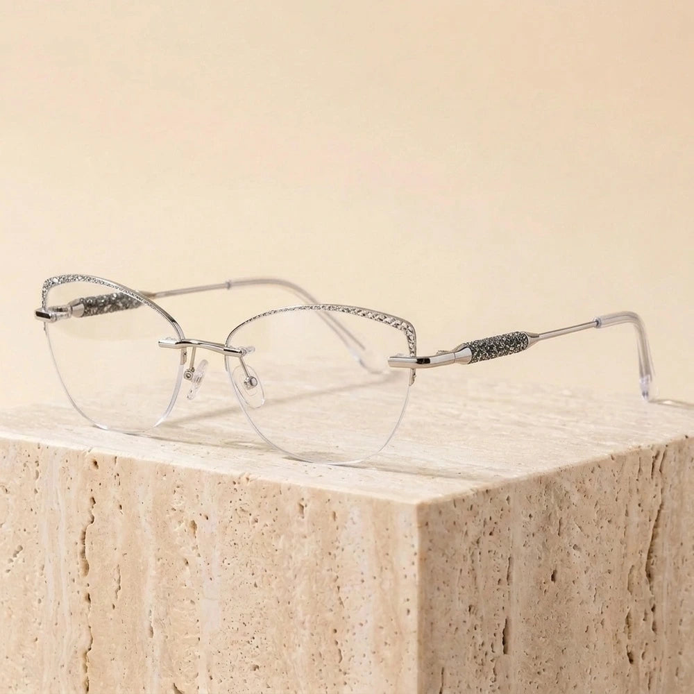 Chashma Ochki Women's Rimless Cat Eye Titanium Glitter Edge Eyeglasses H1 - Silver Clear