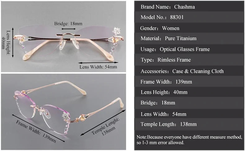 Chashma Ochki Women's Rimless Butterfly Titanium Eyeglasses Gradient Tint Lenses 88301 - Size Chart