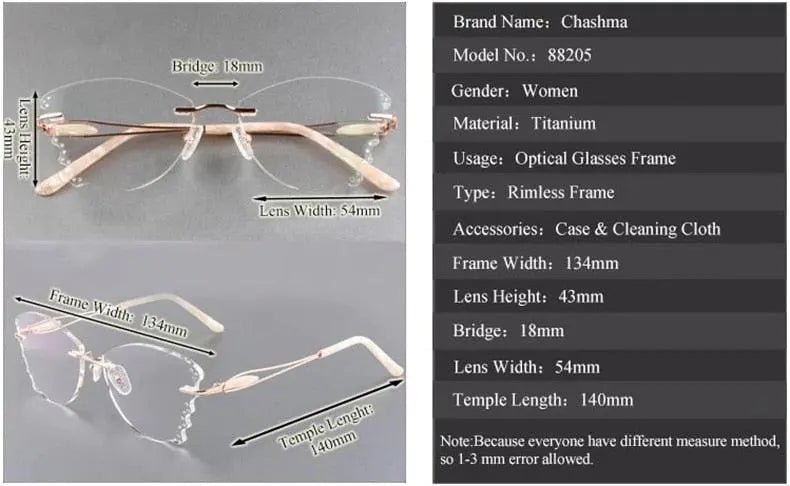 Chashma Ochki Women's Rimless ButterflyTitanium Eyeglasses Clear Lenses 88205 - Size Chart