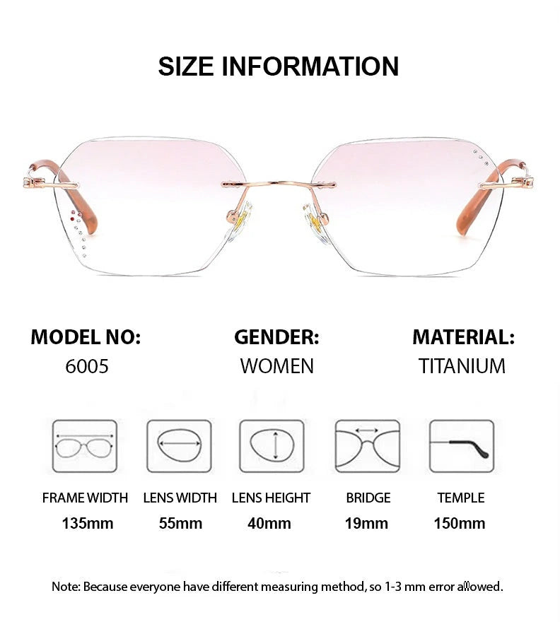 Chashma Ochki Women's Rimless Flat Top Polygon Titanium Eyeglasses 886005 - Size Chart