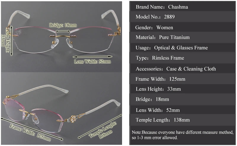 Chashma Ochki Women's Rimless Oval Titanium Eyeglasses 28894 - Size Chart