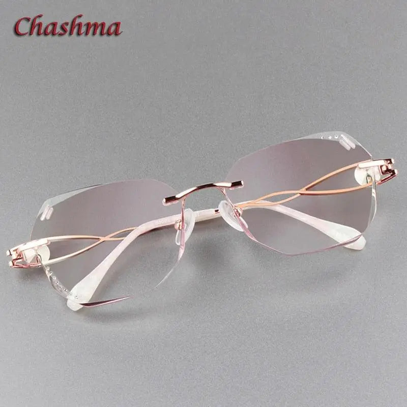 Chashma Ochki Women's Rimless Square Butterfly Titanium Eyeglasses Gradient Tint Lenses 88023 - Rose Gold Gray Red