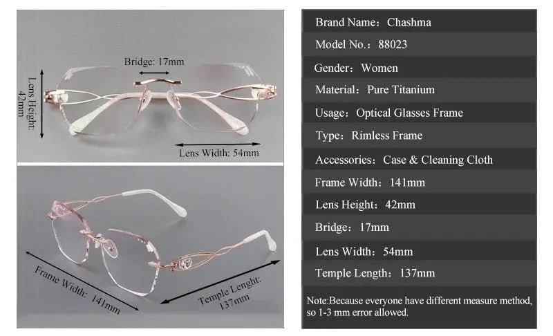 Chashma Ochki Women's Rimless Square Butterfly Titanium Eyeglasses Gradient Tint Lenses 88023 - Size Chart