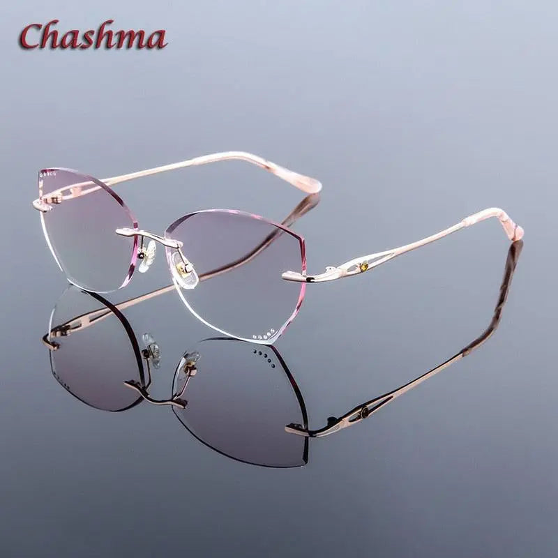 Chashma Ochki Women's Rimless Square Cat Eye Titanium Eyeglasses 99101 - Gold with Pink