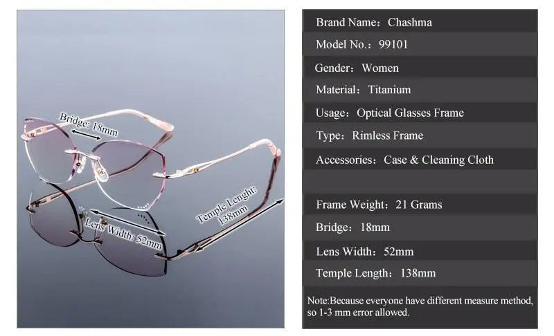 Chashma Ochki Women's Rimless Square Cat Eye Titanium Eyeglasses 99101 - Size Chart
