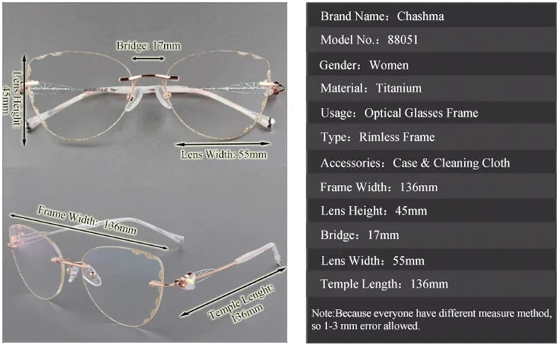 Chashma Ochki Women's Rimless Square Cat Eye Titanium Eyeglasses Tinted Lenses 88051 - Size Chart