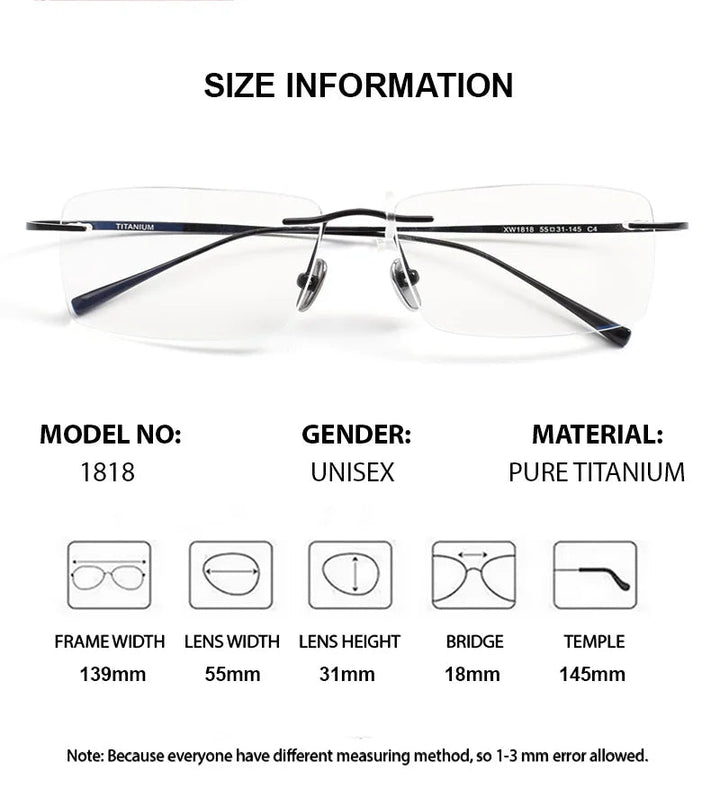 Chashma Ottica Unisex Rimless Square Titanium Eyeglasses 401818 - Size Chart