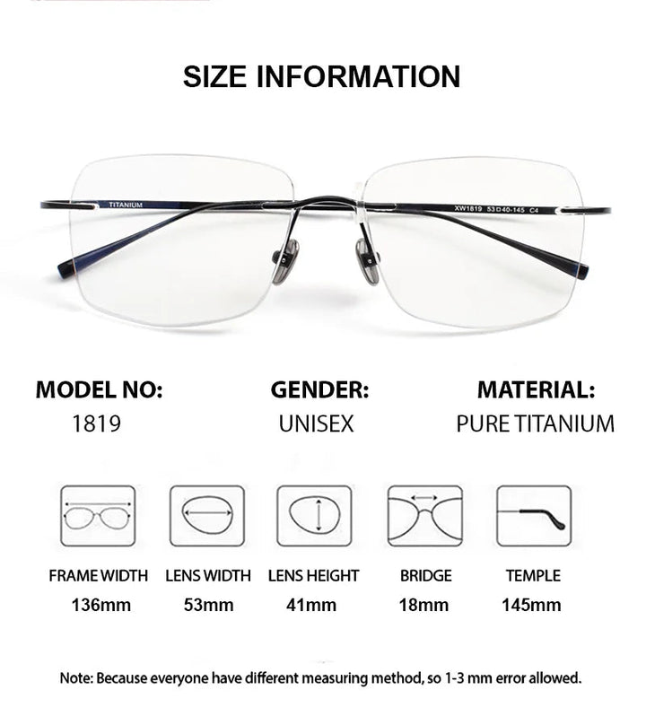 Chashma Ottica Unisex Rimless Oval Square Titanium Eyeglasses 401819 - Size Chart