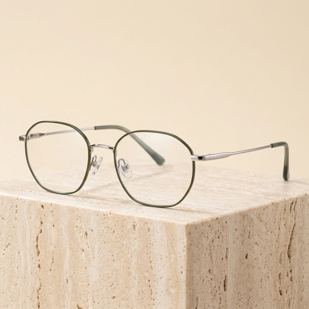 Chashma Ottica Women's Full Rim Polygon Round Titanium Eyeglasses 403035 - Green-Silver