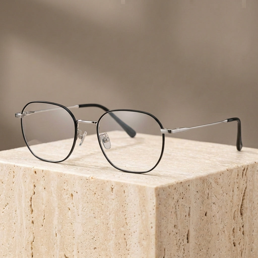 Chashma Ottica Women's Full Rim Flat Top Oval Titanium Eyeglasses 406046 - Black-Silver