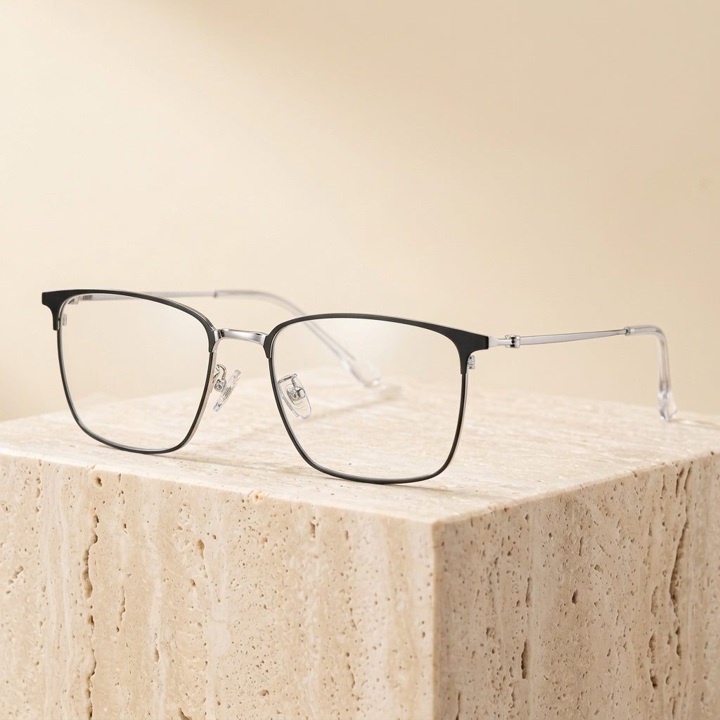 Chashma Ottica Men's Full Rim Big Square Titanium Eyeglasses 406249 - Black-Silver
