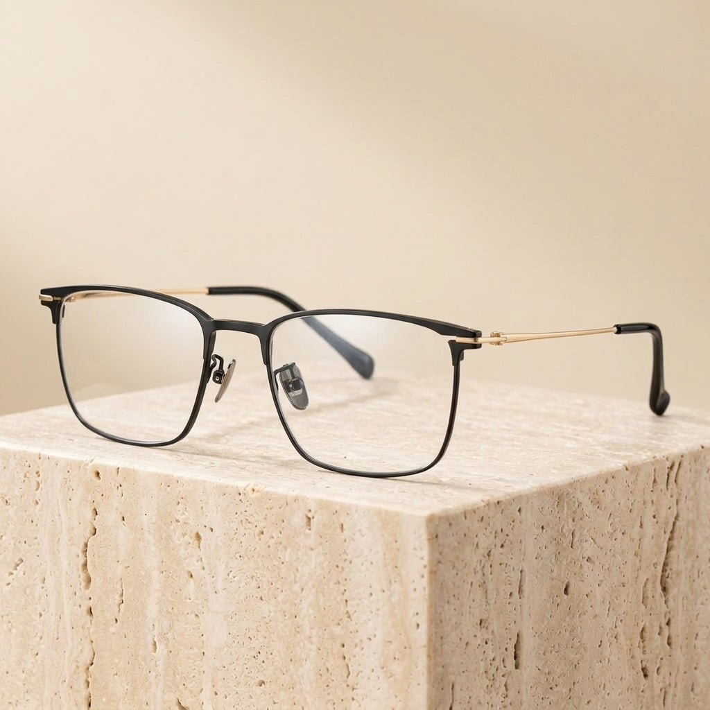 Chashma Ottica Unisex Full Rim Square Titanium Eyeglasses 406254 - Black-Gold