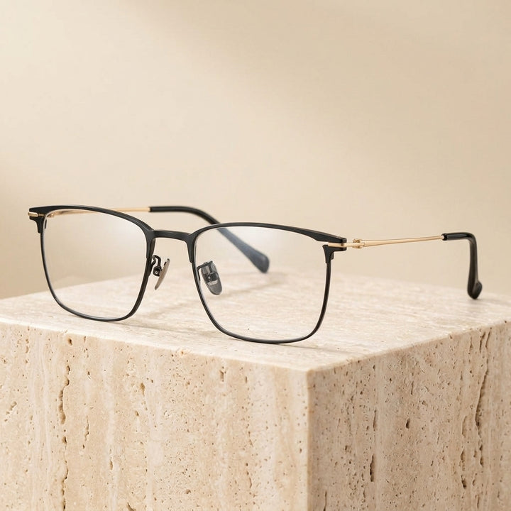 Chashma Ottica Unisex Full Rim Square Titanium Eyeglasses 406254 - Black-Gold