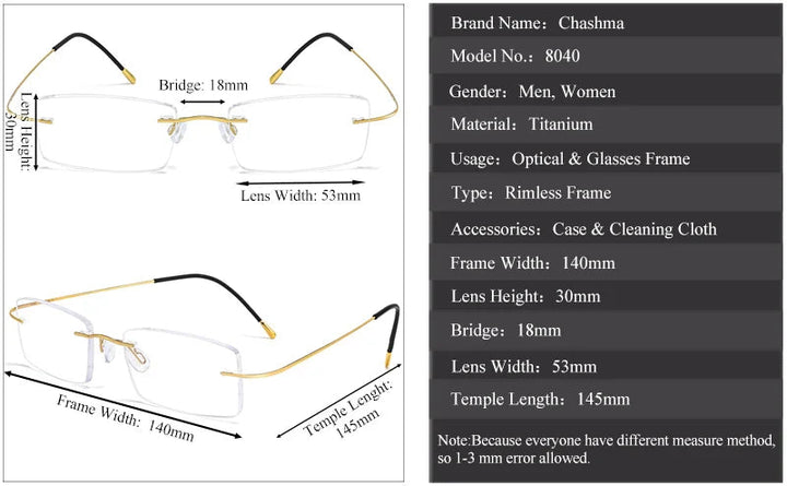 Chashma Ottica Unisex Rimless Square Titanium Eyeglasses 408040 - Size Chart