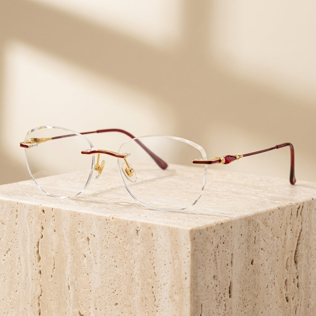 Chashma Ottica Women's Rimless Square Oval Titanium Eyeglasses 408145 - Red with Gold