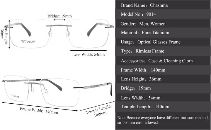 Chashma Ottica Unisex Rimless Square Titanium Eyeglasses 409014 - Size Chart