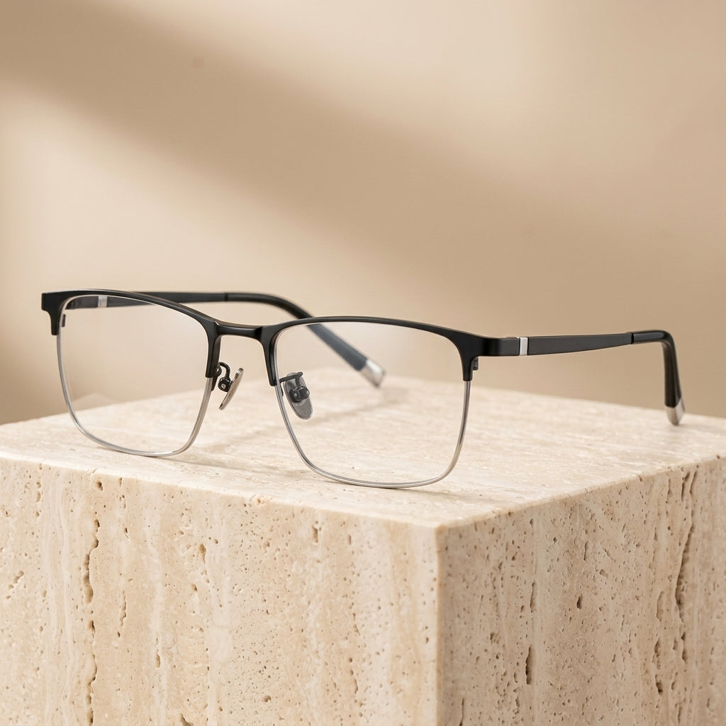 Chashma Ottica Men's Semi Rim Big Square Titanium Eyeglasses 409089 - Black