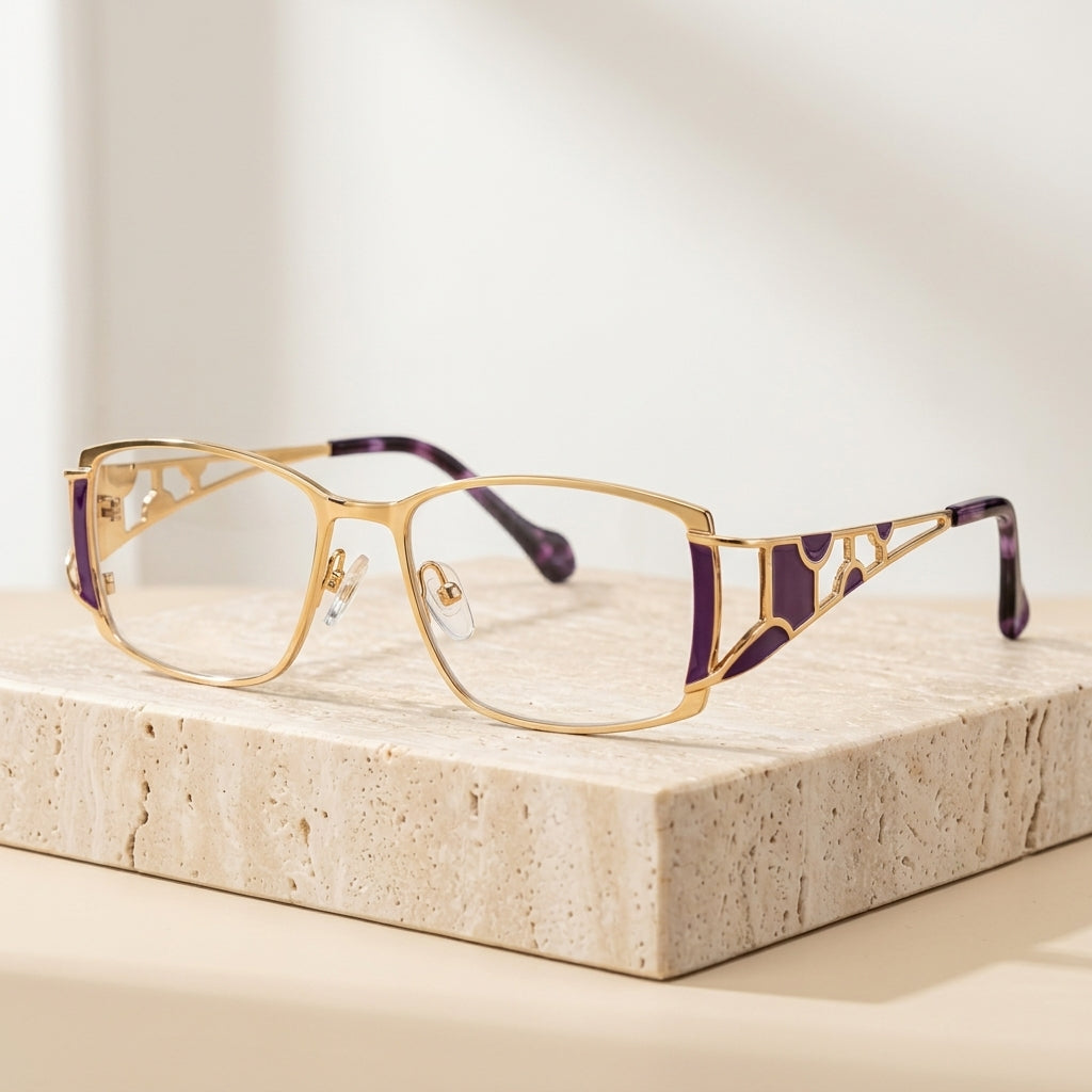 Chashma Ottica Unisex Full Rim Square Titanium Eyeglasses 409137 - Purple with Gold