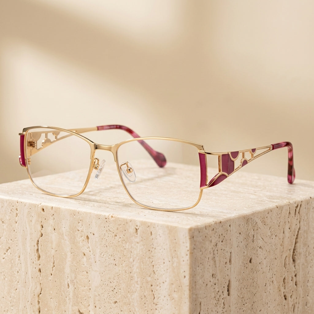 Chashma Ottica Unisex Full Rim Square Titanium Eyeglasses 409137 - Rose Red with Gold