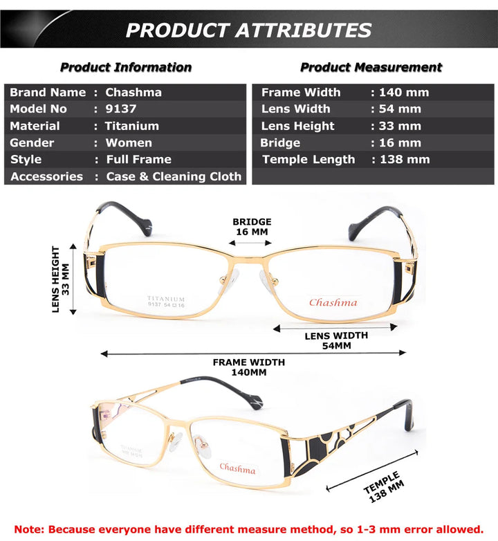 Chashma Ottica Unisex Full Rim Square Titanium Eyeglasses 409137 - Size Chart