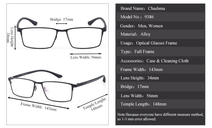 Chashma Ottica 779386 Eyeglasses — Frame Dimensions and Sizing Chart
