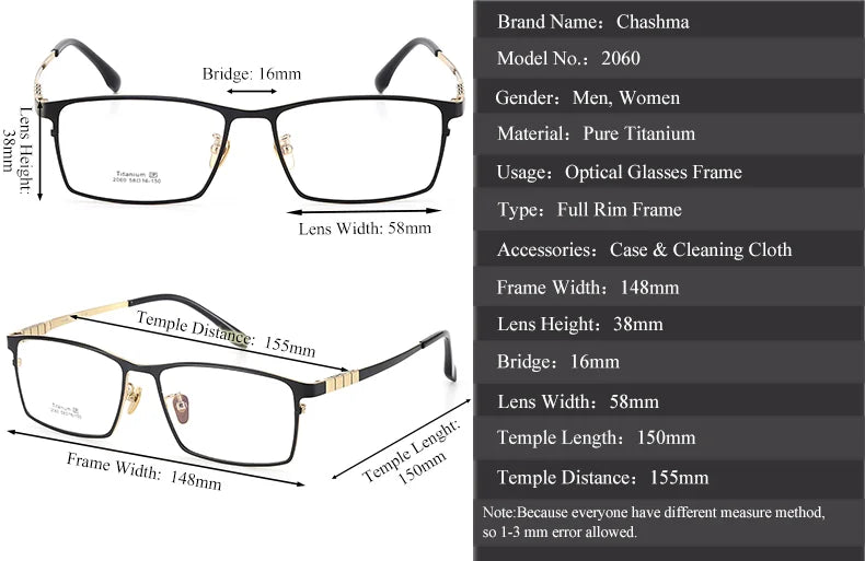 Chashma Ottica 772060 Eyeglasses — Frame Dimensions and Sizing Chart