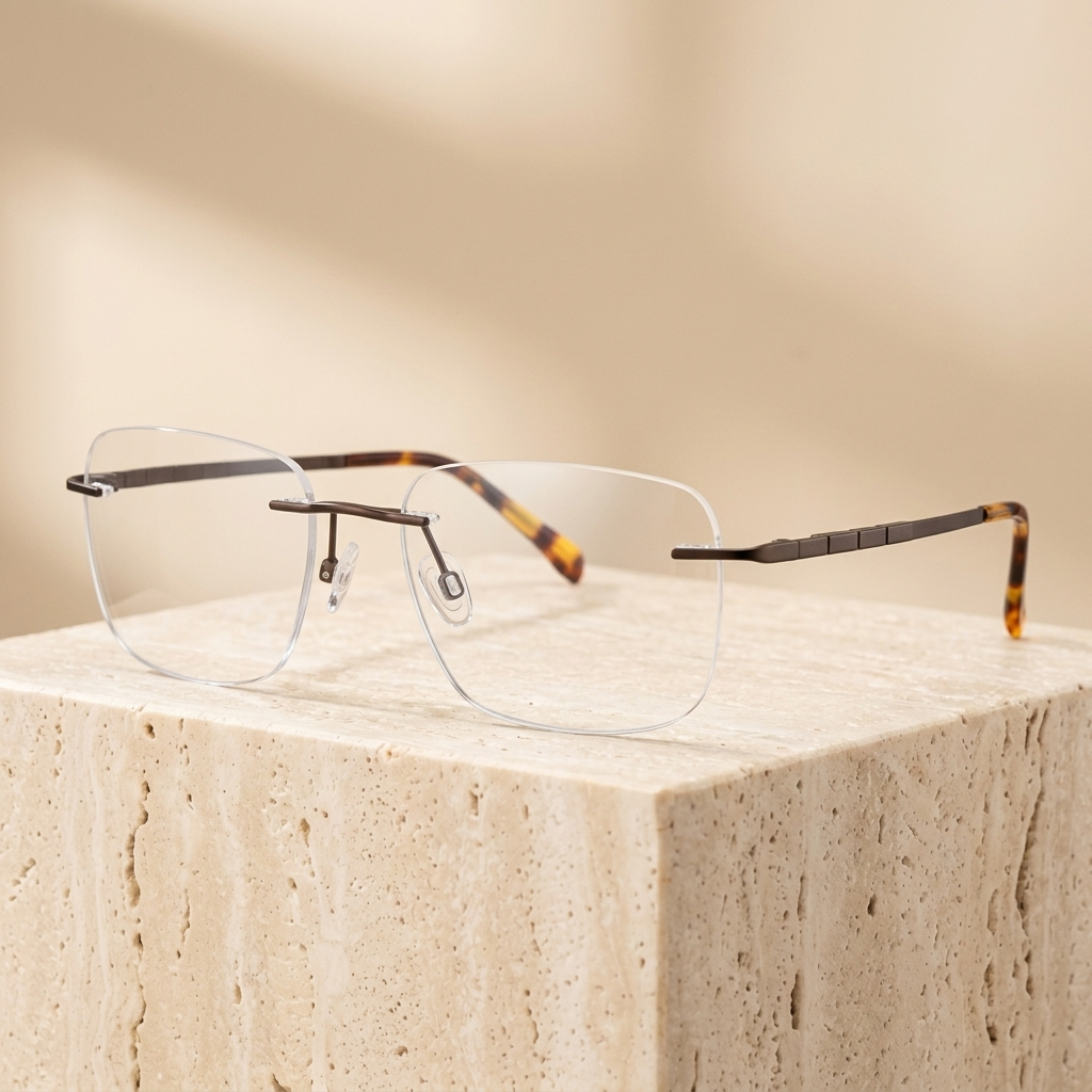 Chashma Ottica Men's Rimless Polygon Square Titanium Eyeglasses 409013 - Brown