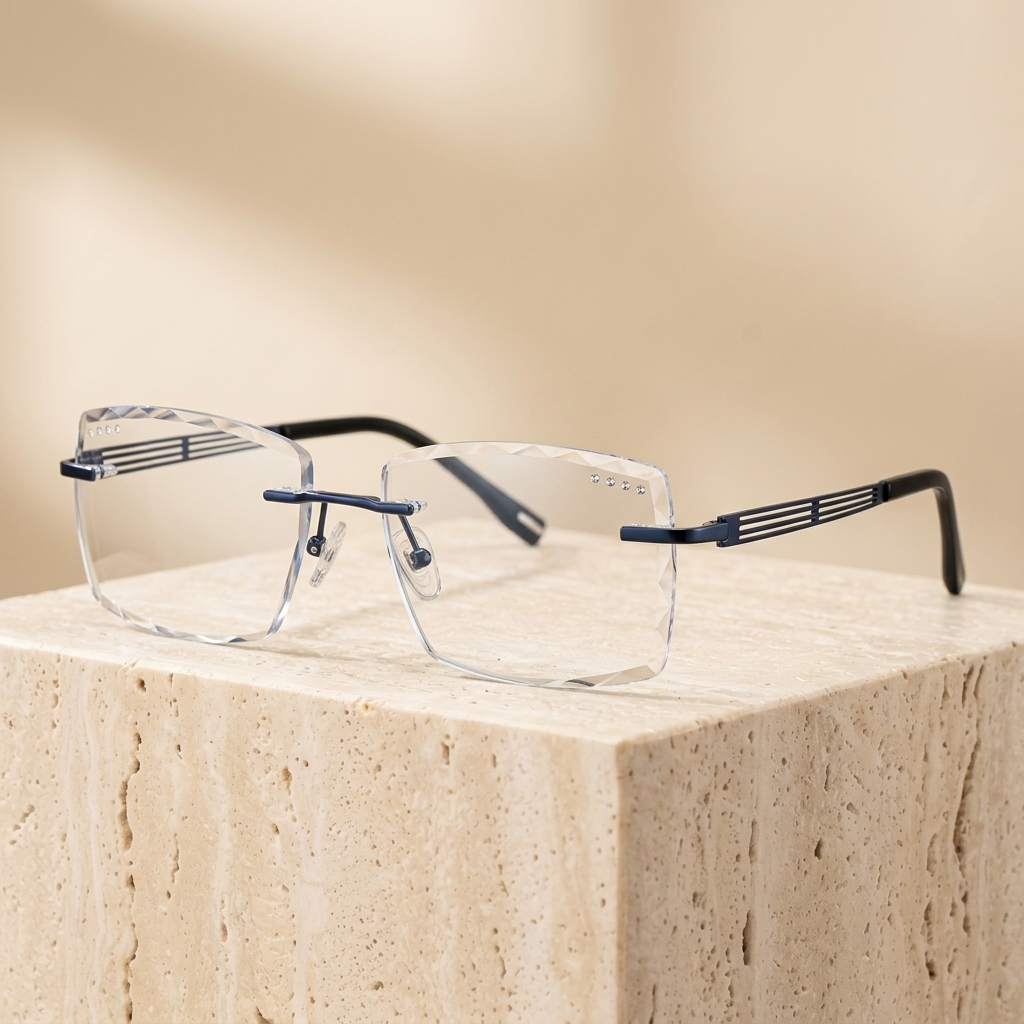 Chashma Ottica Men's Rimless Square Titanium Eyeglasses 377616 - Blue