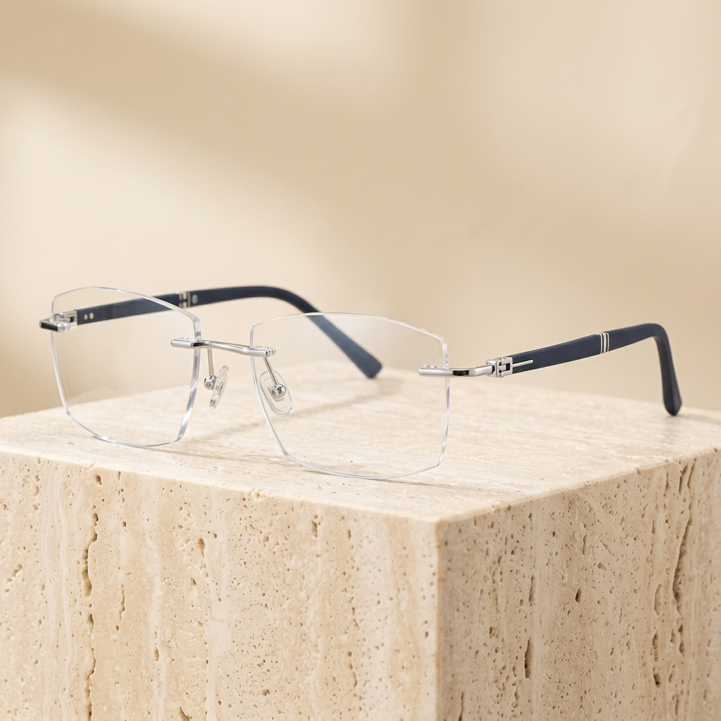 Chashma Ottica Men's Rimless Square Titanium Eyeglasses 520566 - Silver with Blue