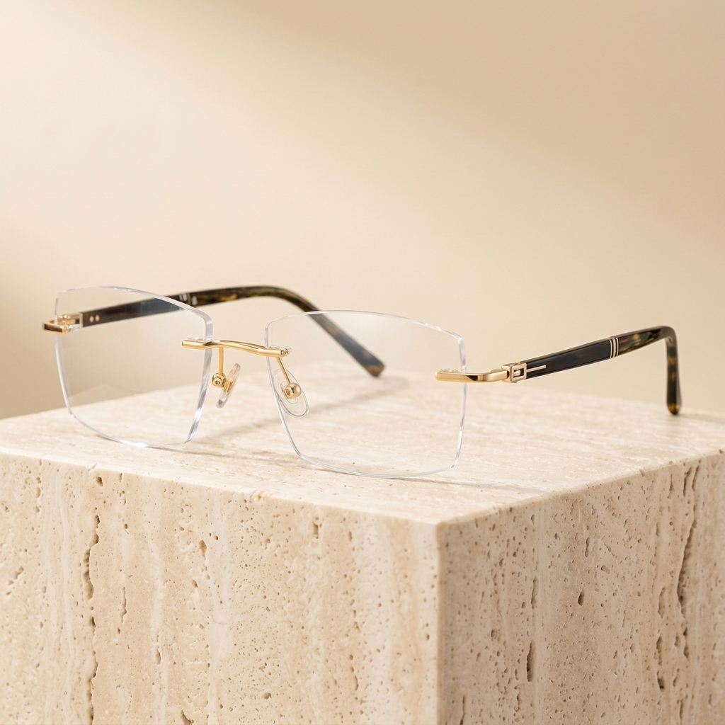 Chashma Ottica Men's Rimless Square Titanium Eyeglasses 520566 - Gold with Brown