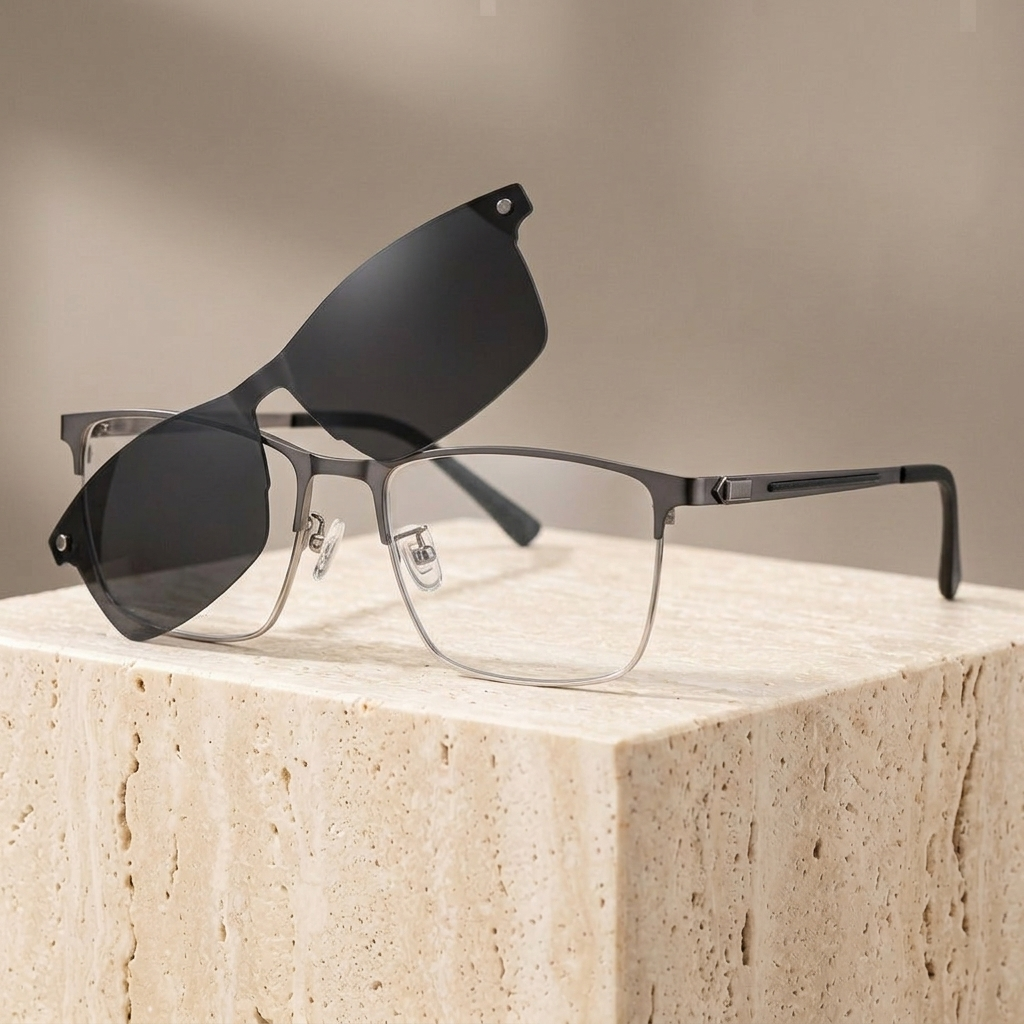 Chashma Ottica Men's Semi Rim Square Alloy Eyeglasses Clip On Sunglasses 940076 - Gray