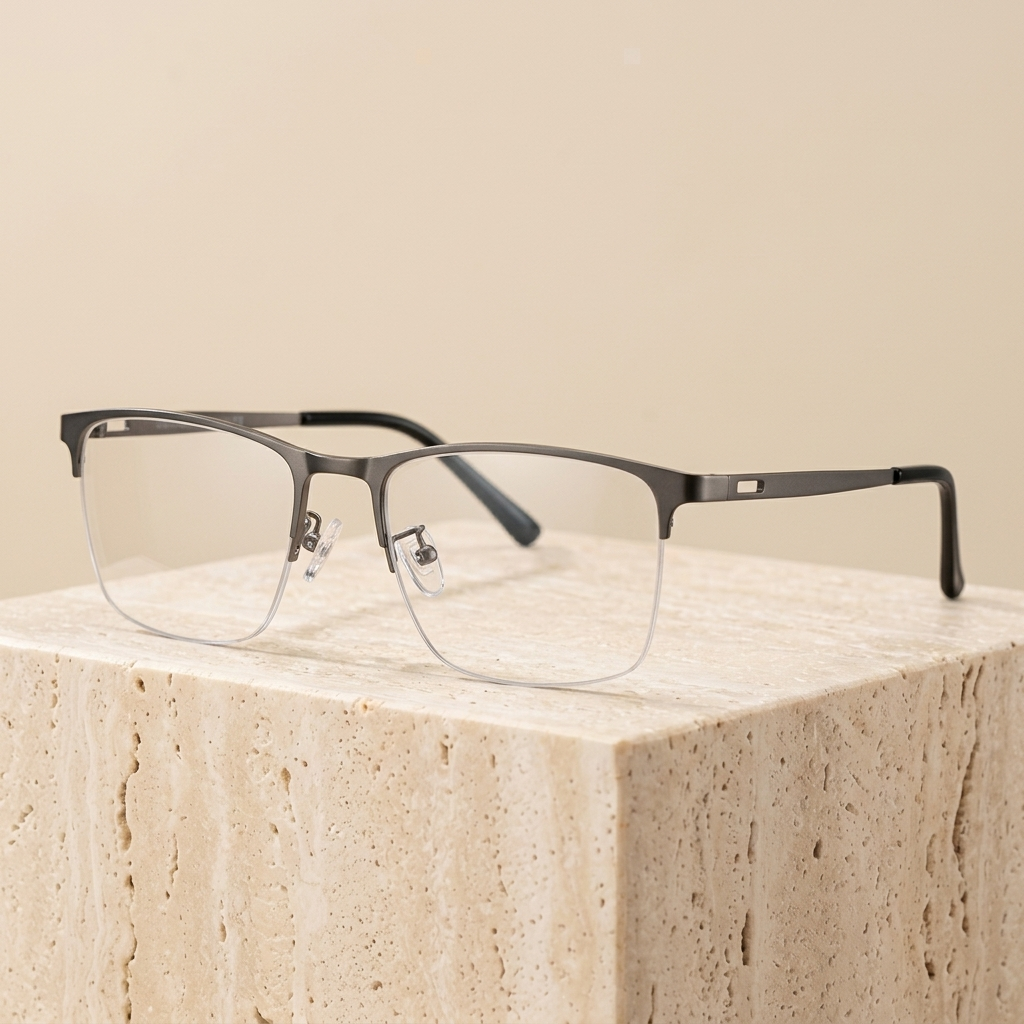 Chashma Ottica Men's Semi Rim Square Brow Line Titanium Eyeglasses 99070 - Gray