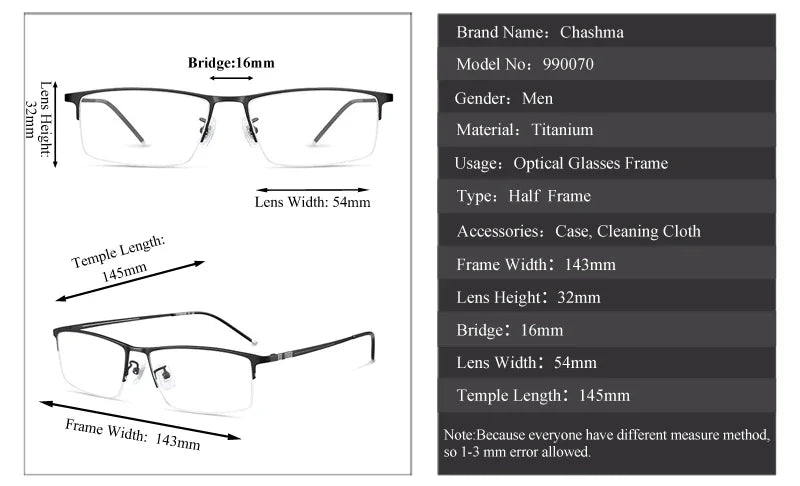 Chashma Ottica 99070 Eyeglasses — Frame Dimensions and Sizing Chart