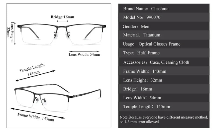 Chashma Ottica 99070 Eyeglasses — Frame Dimensions and Sizing Chart
