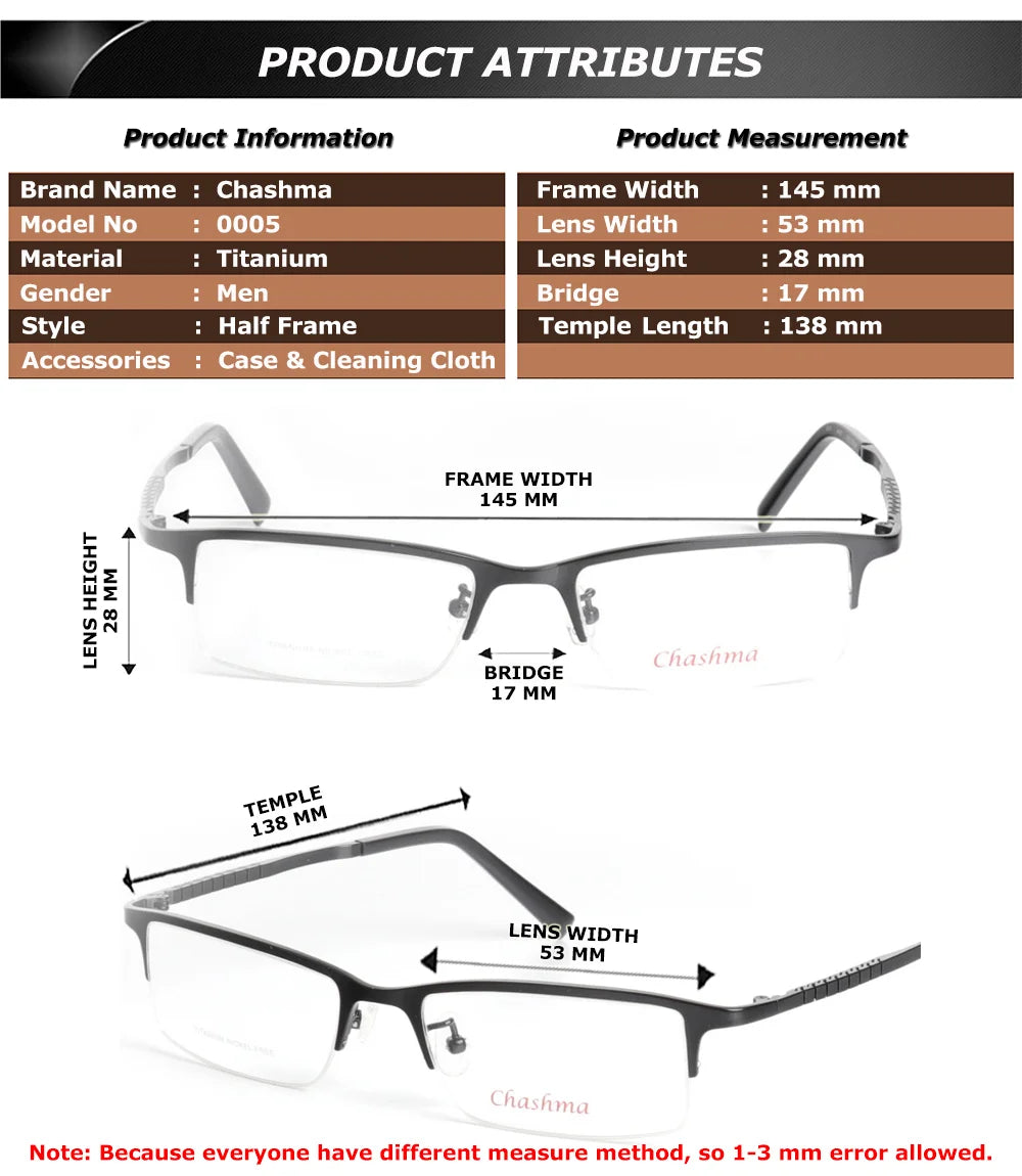 Chashma Ottica Men's Semi Rim Square Titanium Eyeglasses 700056 - Size Chart