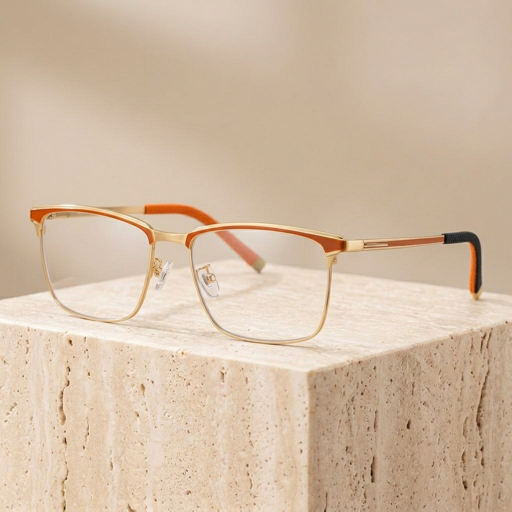 Chashma Ottica Men's Semi Rim Square Titanium Eyeglasses 746267 - Gold Orange