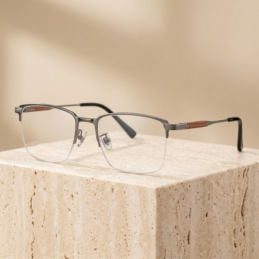 Chashma Ottica Men's Semi Rim Square Titanium Wood Eyeglasses 401605 - Gray