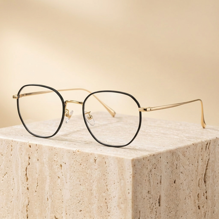 Chashma Ottica Unisex Full Rim Oval Round Titanium Eyeglasses 402407 - Black-Gold