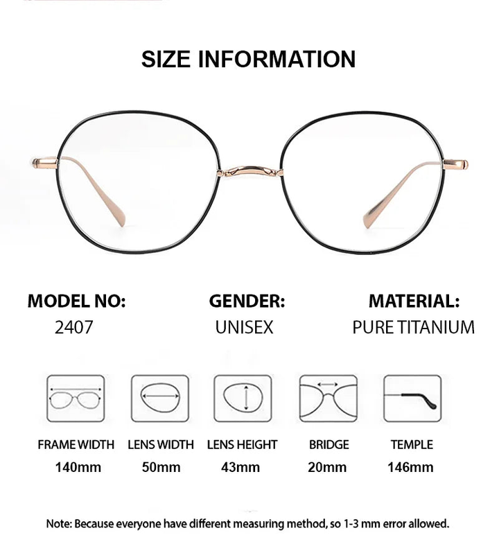 Chashma Ottica Unisex Full Rim Oval Round Titanium Eyeglasses 402407 - Size Chart