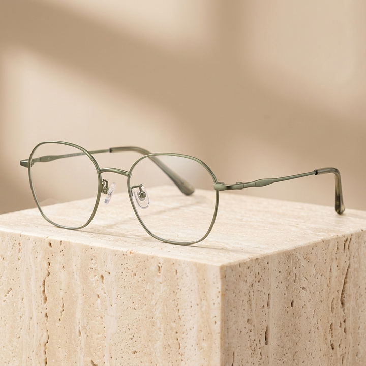 Chashma Ottica Unisex Full Rim Polygon Oval Titanium Eyeglasses 406292 - Olive Green