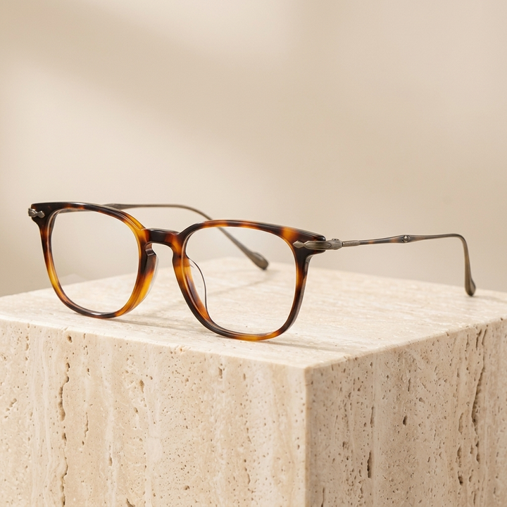 Chashma Ottica Unisex Full Rim Square Acetate Titanium Eyeglasses 695888 - Leopard-Bronze
