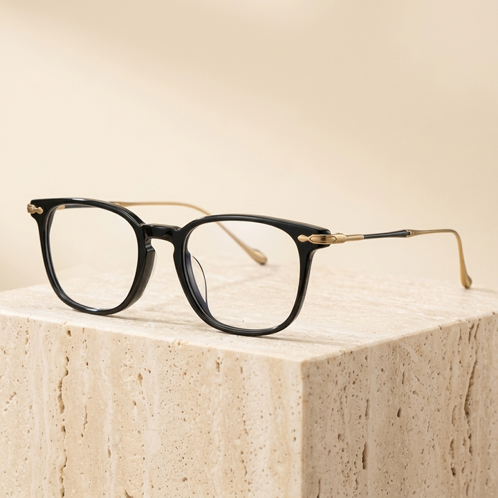 Chashma Ottica Unisex Full Rim Square Acetate Titanium Eyeglasses 695888 - Black -Gold