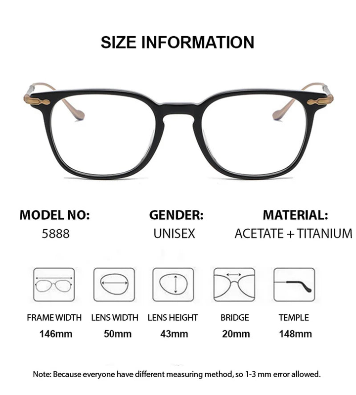 Chashma Ottica Unisex Full Rim Square Acetate Titanium Eyeglasses 695888 - Size Chart