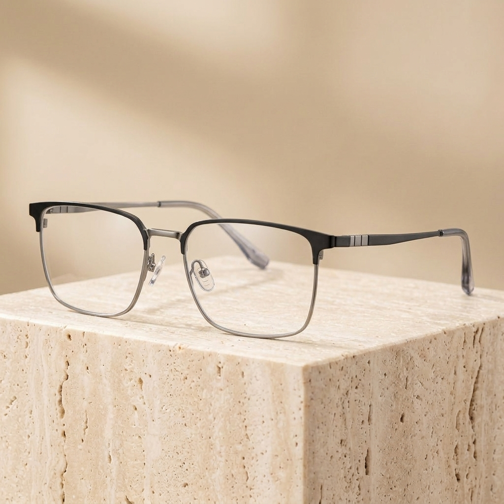 Chashma Ottica Unisex Full Rim Square Titanium Eyeglasses 976261 - Black-Gray