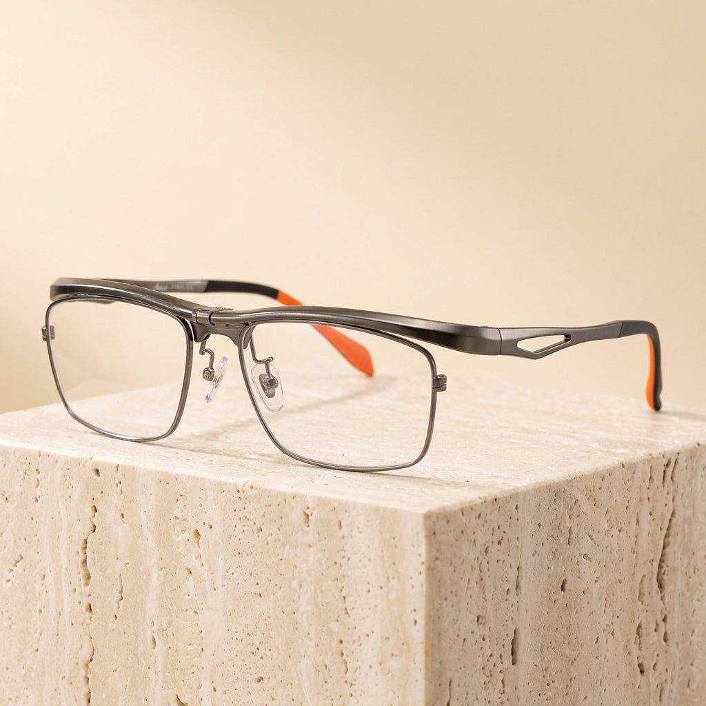 Chashma Ottica Unisex Full Rim Square Titanium Flip Up Eyeglasses 72969 - Gun