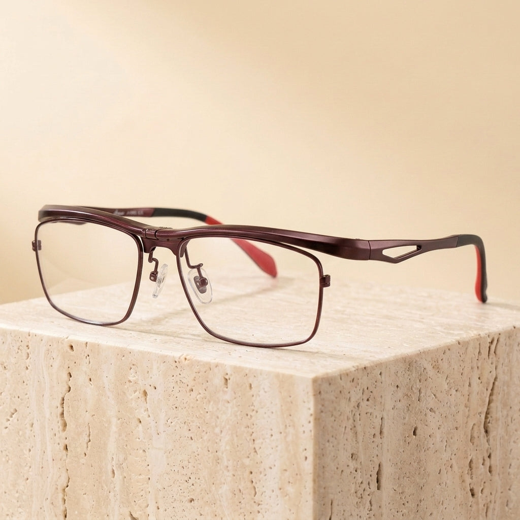 Chashma Ottica Unisex Full Rim Square Titanium Flip Up Eyeglasses 72969 - Red