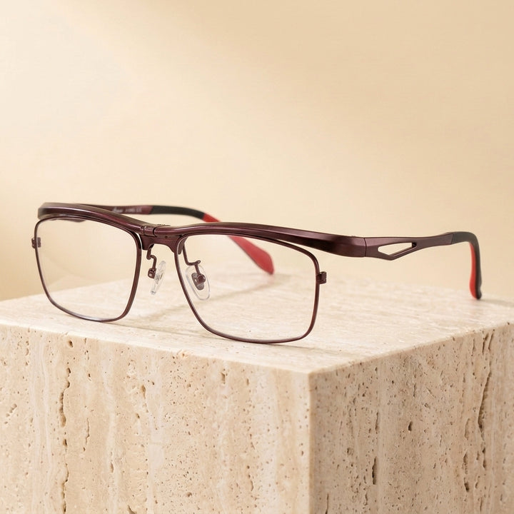 Chashma Ottica Unisex Full Rim Square Titanium Flip Up Eyeglasses 72969 - Red