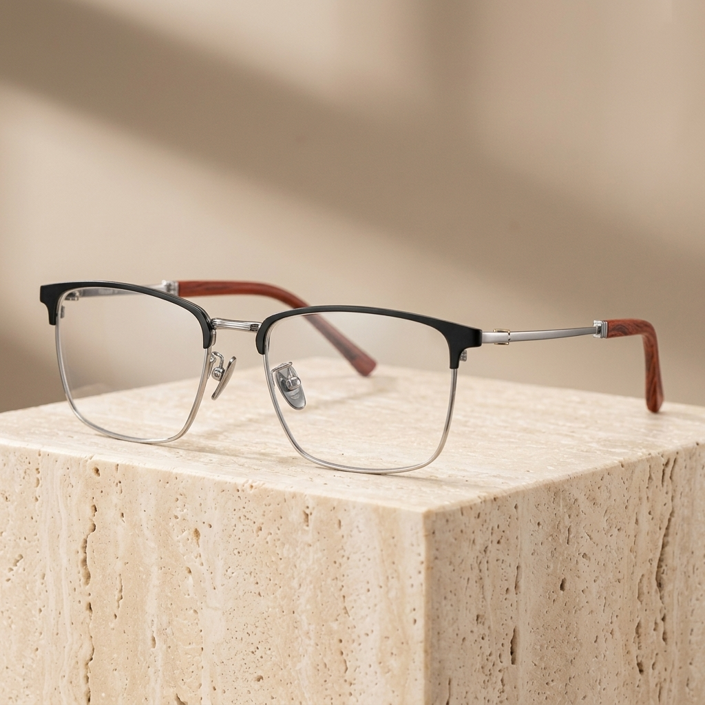 Chashma Ottica Unisex Full Rim Square Titanium Wood Eyeglasses 402336 - Black-Silver